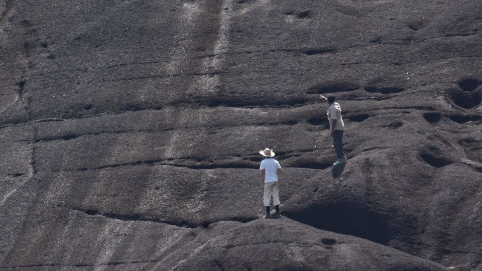 The monumental petroglyphs of a snake's tail in Colombia dwarf the people in this image.  -Philip Riris et al.