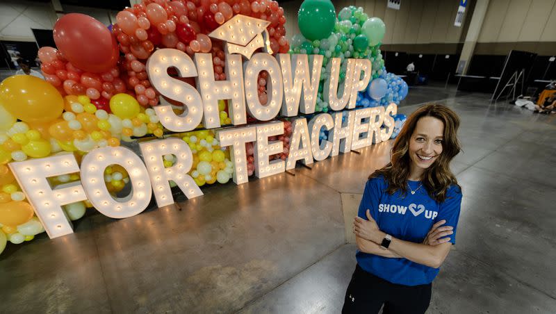 Utah first lady Abby Cox poses for a photo as she and her team get ready for the Show Up for Teachers event, at the Mountain America Exhibition Center in Sandy on Tuesday, July 18, 2023.