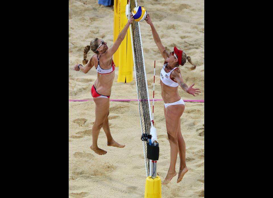 Kerri Walsh Jennings of the United States competes against April Ross of the United States during the Women's Beach Volleyball on Day 12 of the London 2012 Olympic Games at the Horse Guard's Parade on August 8, 2012 in London, England. 