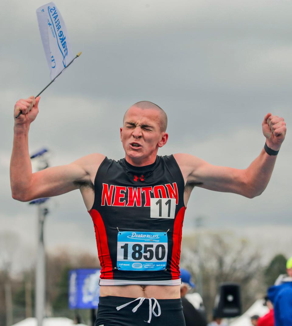 Jackson Mace-Maynard of Newton celebrates after winning the boys 800 meter at the Drake Relays Friday, April 29, 2022.