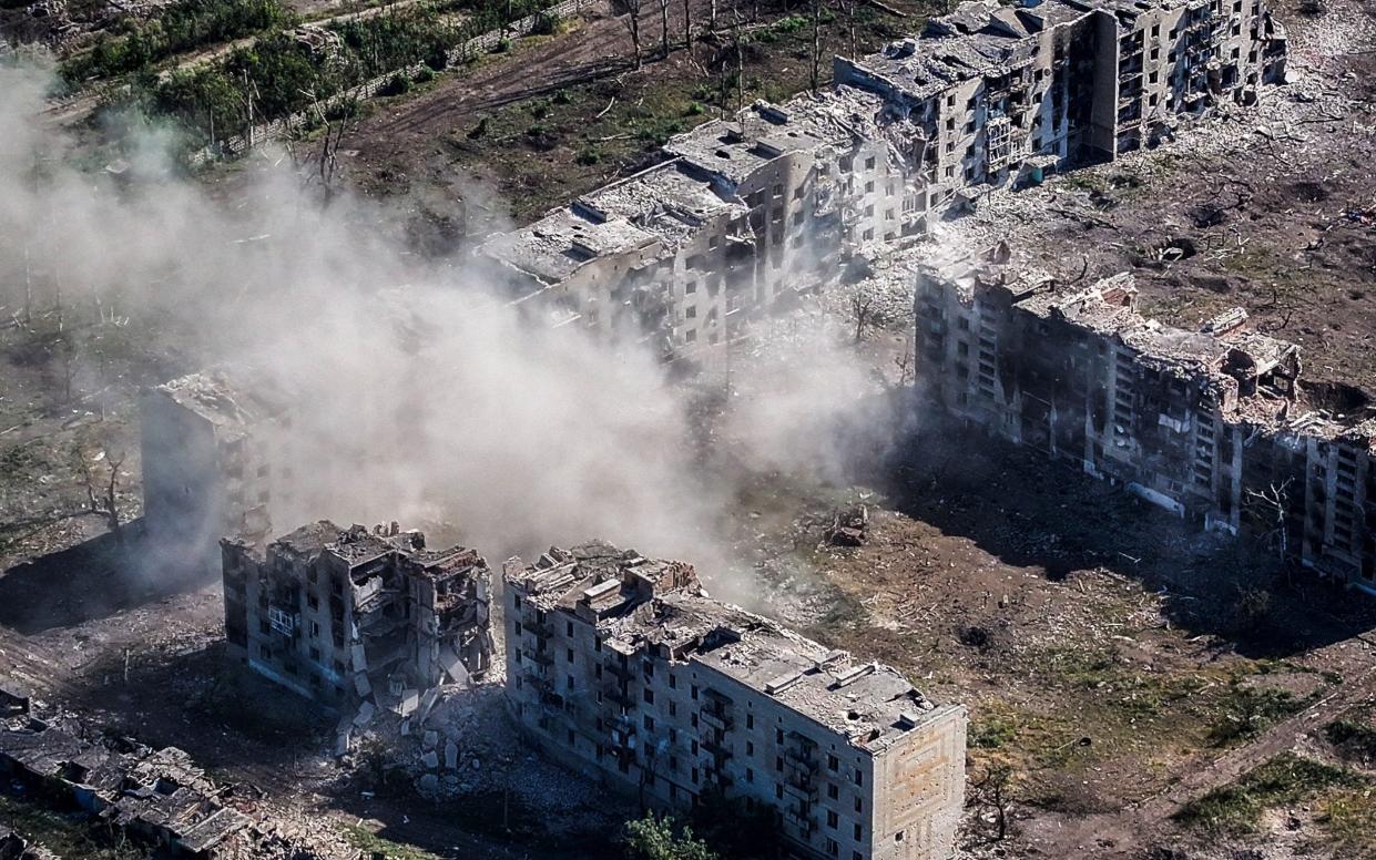An aerial view of the damaged Novy district in Chasiv Yar which Russian forces captured this week
