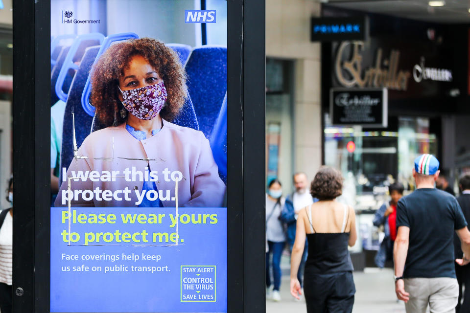 The UK government's digital advert in London which highlights 'I wear this to protect you. Please wear yours to protect me' during the COVID19. The number of people who tested positive for the coronavirus is increasing. (Photo by Dinendra Haria / SOPA Images/Sipa USA)