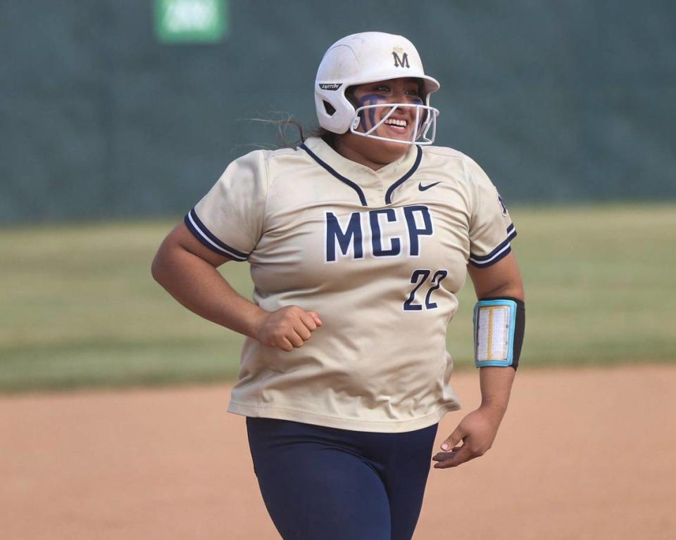 Roxanne Guerra rounds third on her way home after hitting a two-run home run. Mission Prep won 7-0 over San Luis Obispo High School in a softball playoff on May 15, 2024.