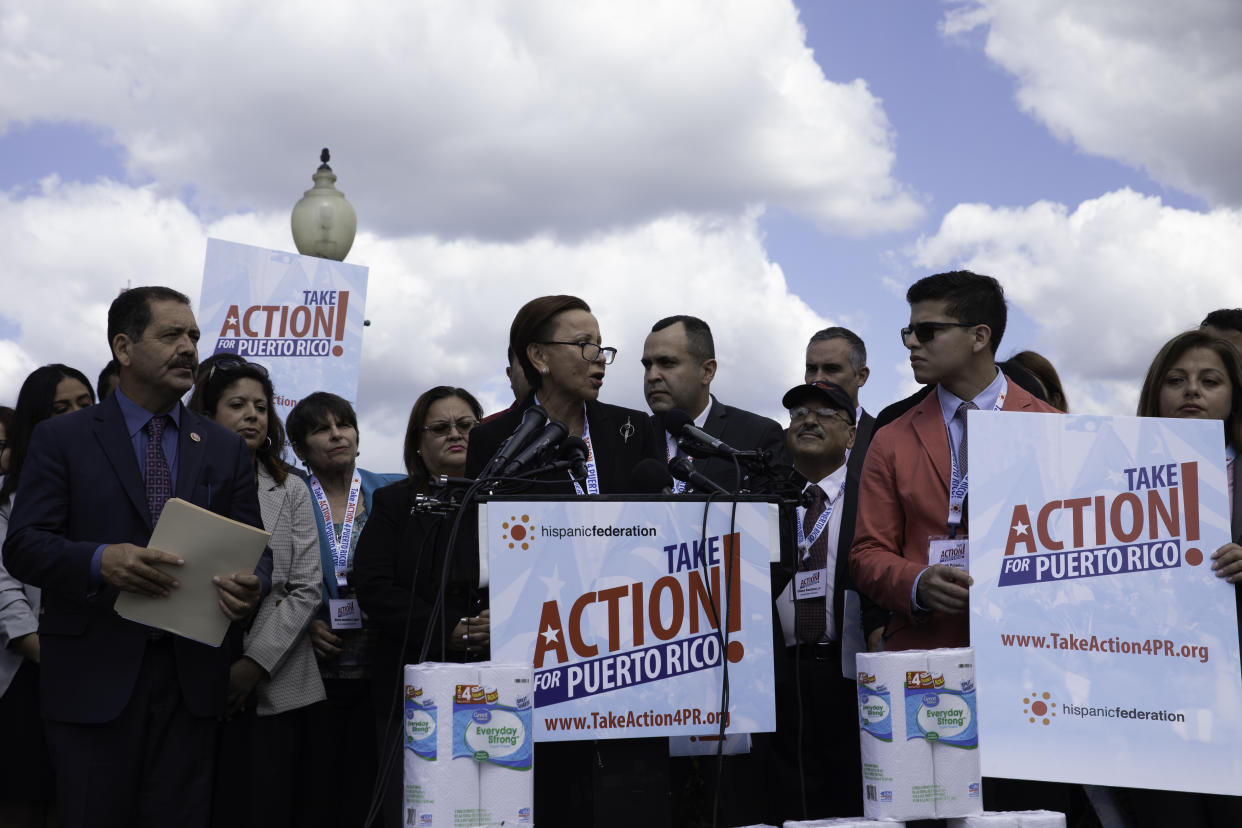 Representative Nydia Velasquez (NY) speaks during a press conference with activists from 'Take Action for Puerto Rico'  demanding support from the Federal Government to rebuild Puerto Rico after two years of Hurricane Maria in Capitol Hill, Washington D.C. Wednesday, September 18, 2019.  (Photo by Aurora Samperio/NurPhoto via Getty Images)