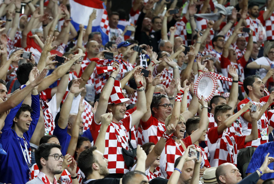 <p>Croatia fans celebrate after winning the quarterfinal match between Russia and Croatia at the 2018 soccer World Cup in the Fisht Stadium, in Sochi, Russia, Saturday, July 7, 2018. (AP Photo/Rebecca Blackwell) </p>