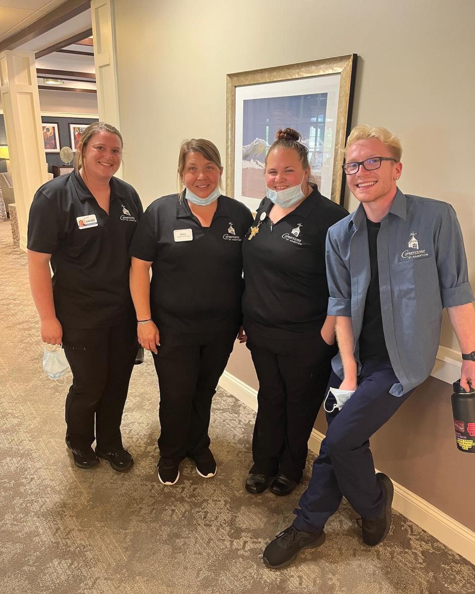 From left to right are Resident Care Associates Chelsea Gordon, Kristin Thibodeau, Shannon Marshall, and Jacque LeBlanc.