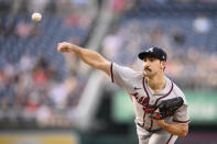 Atlanta Braves starting pitcher Spencer Strider throws during the first inning of a baseball game against the Washington Nationals, Wednesday, June 15, 2022, in Washington. (AP Photo/Nick Wass)