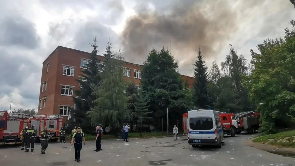 Smoke rises from the Zagorsk Optical and Mechanical Plant in the city of Sergiev Posad, Moscow Region (AP)