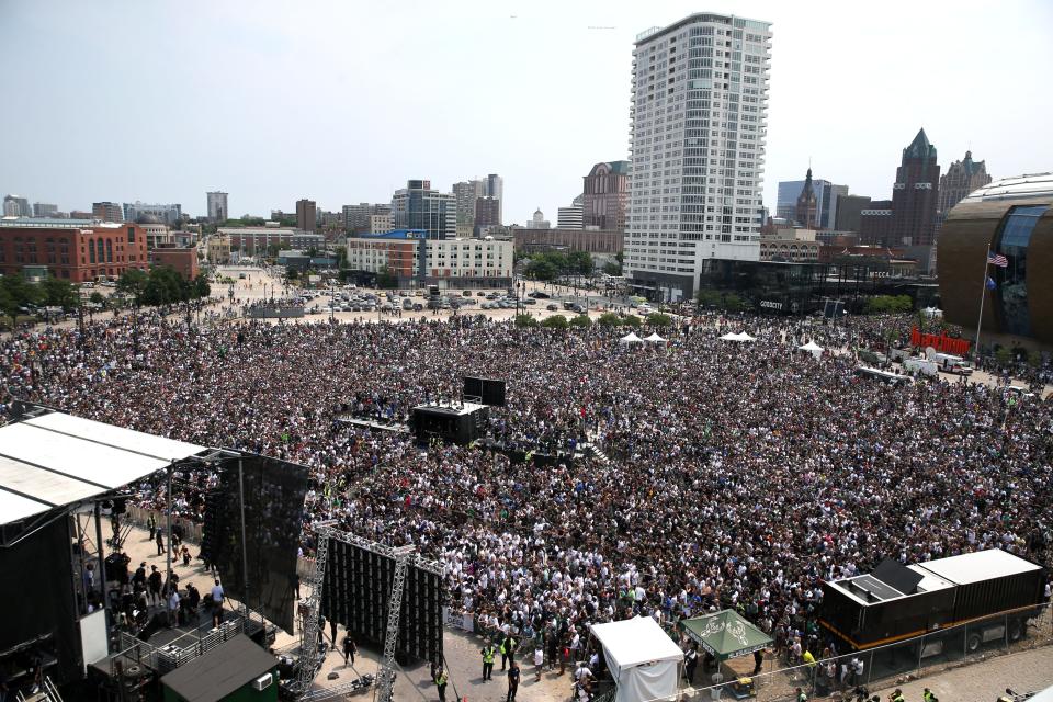 A huge crowd attends the ceremony in the Deer District following the Milwaukee Bucks NBA championship parade in downtown Milwaukee on Thursday, July 22, 2021.