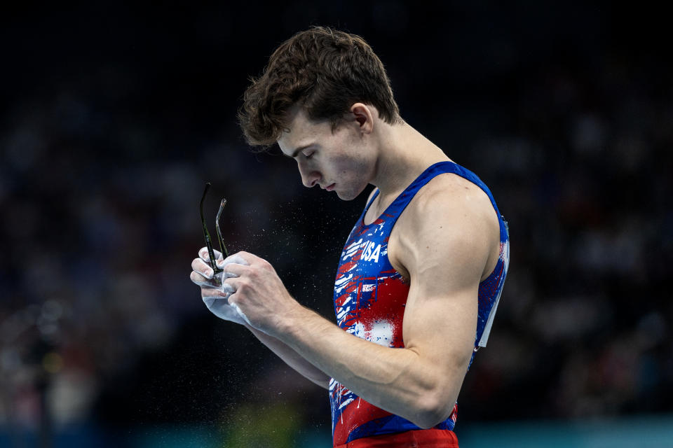 PARIS, FRANCE: JULY 27: Stephen Nedoroscik of the United States prepares to perform his pommel horse routine during Artistic Gymnastics, Men's Qualification at the Bercy Arena during the Paris 2024 Summer Olympic Games on July 27th, 2024 in Paris, France. (Photo by Tim Clayton/Corbis via Getty Images)