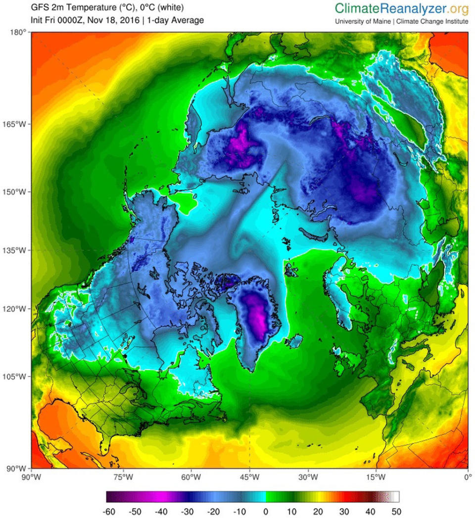 A map showing cold (blue) and hot (orange) places, according to 1-day-average temperatures taken on Nov. 18, 2016. <cite>ClimateReanalyzer.org Climate Change Institute The University of Maine</cite>