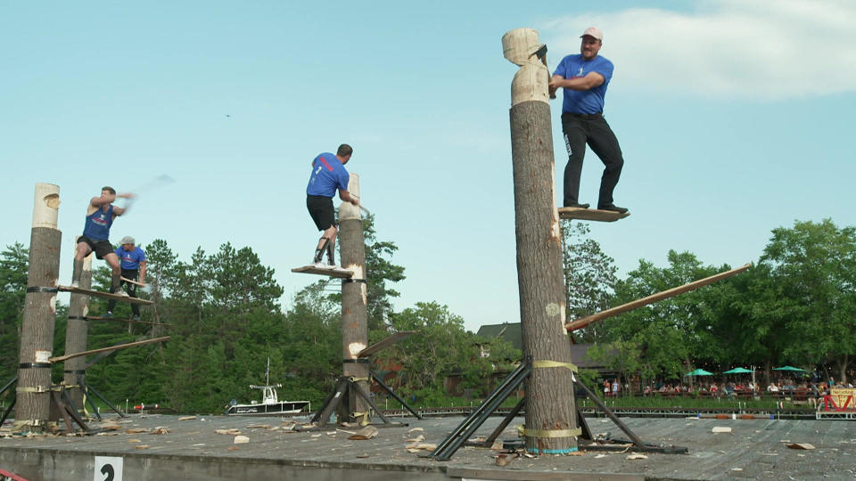 Competitors in the Springboard Chop event at the World Lumberjack Championships in Hayward, Wis. / Credit: CBS News
