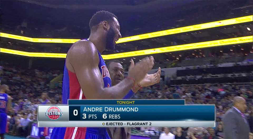 Andre Drummond is not mad that he's been ejected. Actually, he's laughing. (Screencap via NBA)