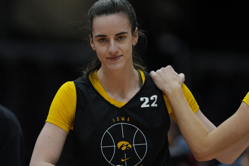 Iowa's Caitlin Clark smiles during a practice for an NCAA Women's Final Four semifinals basketball game Thursday, April 4, 2024, in Cleveland. (AP Photo/Carolyn Kaster)