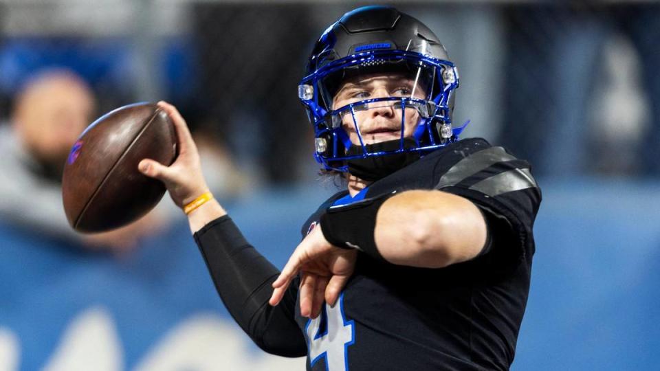 Boise State quarterback Maddux Madsen warms up before the start of the Broncos’ Mountain West game against New Mexico, Saturday, Nov. 11, 2023, at Albertsons Stadium in Boise.