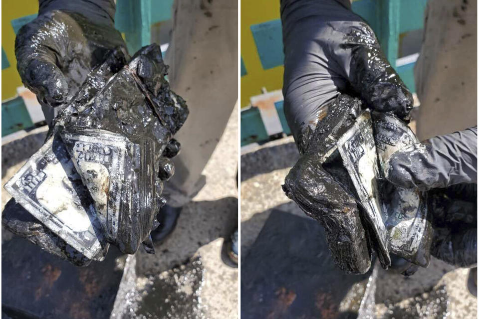 In these still images from video, magnet fisher James Kane displays the part of the contents of a safe he pulled out of a pond, in Flushing Meadows Corona Park, in the Queens borough of New York, Friday May 31, 2024. Kane, 40. and his girlfriend, Barbi Agostini, 39, estimate the safe contained $100,000 in waterlogged, damaged but exchangeable currency. The bills featured the holographic bars indicating that they were of recent vintage, but the safe bore no clues to a rightful owner. (James Kane and BarbI Agostini @LetsGetMagnetic via AP)