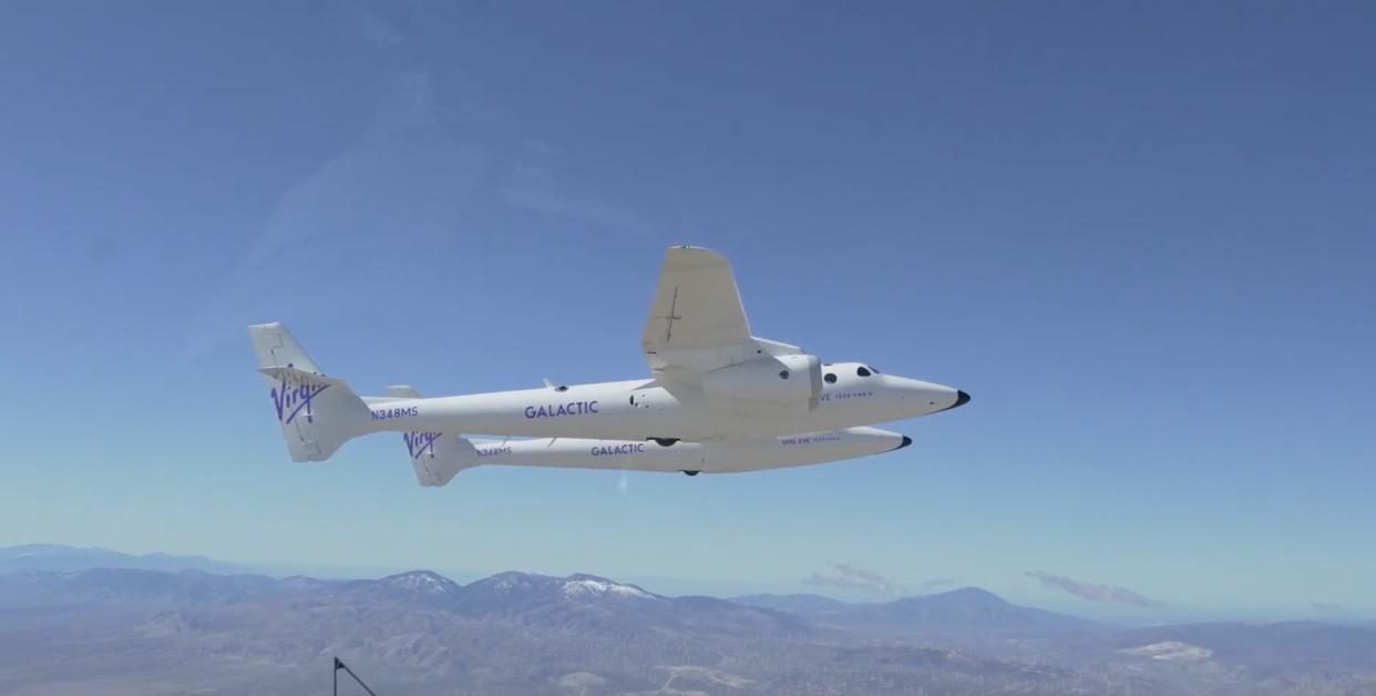  Virgin Galactic's VMS Eve carrier plane conducts a test flight from Mojave Air and Space Port in California on Feb. 15, 2023. 
