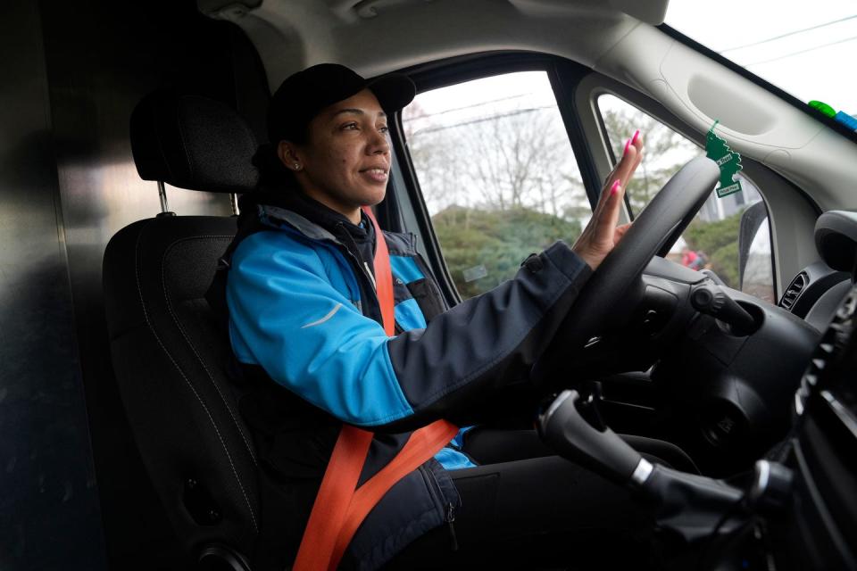 Rivera heads out to make her first delivery of the day for Amazon. She said the stable, predictable schedule is her favorite part of working for contractor Wutabon Inc.