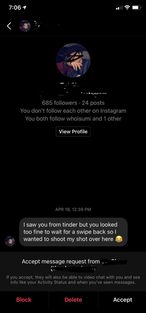 A direct message Umi Terukina received from someone she never swiped right on on Tinder. (Photo: Umi Terukina)