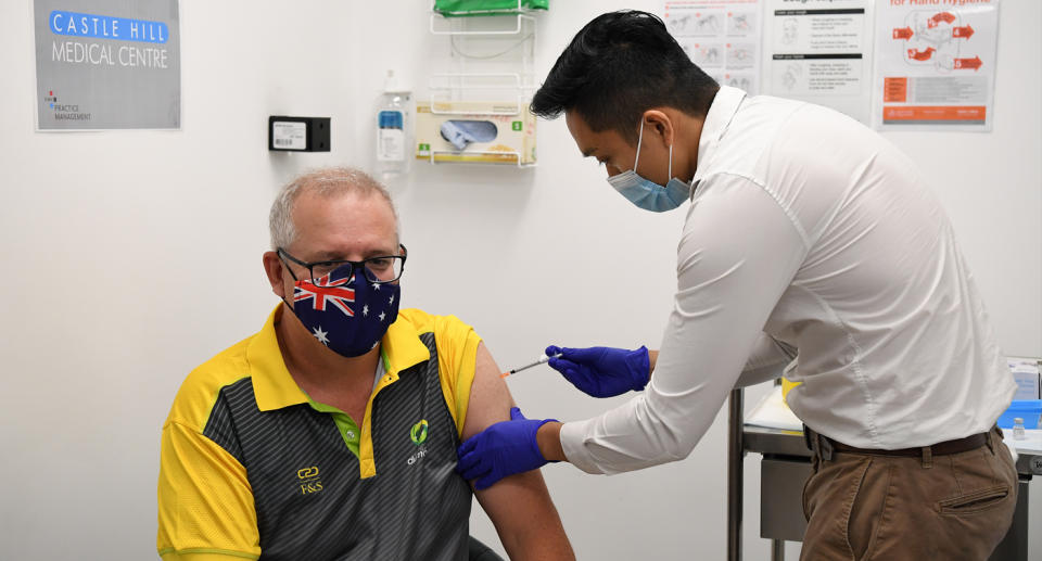 Australian Prime Minister Scott Morrison getting the Covid-19 vaccine at Castle Hill medical Centre