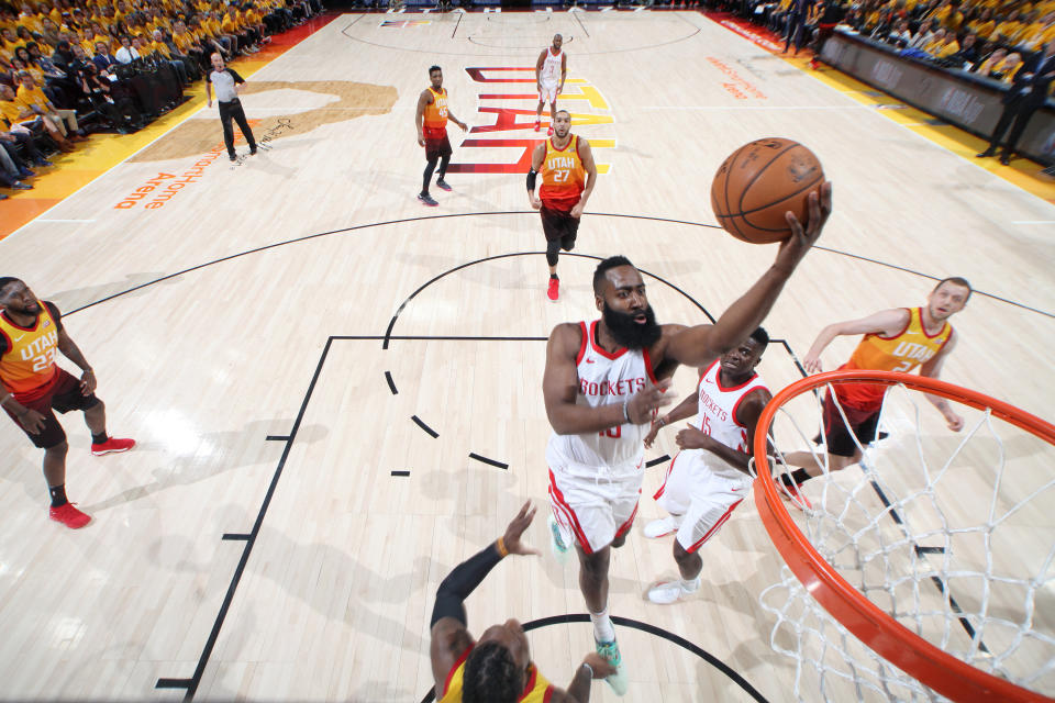 James Harden made his way to the front of the rim time and again during the Rockets’ blowout Game 3 victory. (Getty)