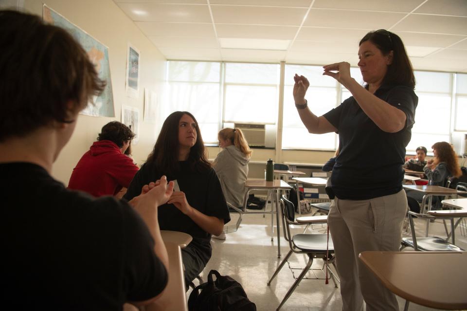 Students watch their ASL teacher Coleen Buckley as she conducts her class on Thursday April 14, 2022. Students at Mountain Lakes High School are offered American Sign Language (ASL) as a foreign language. 