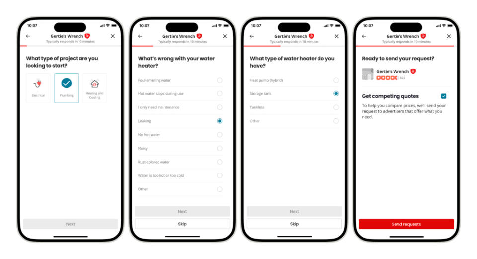 Yelp’s Request a Quote feature takes users through the process of detailing the job they need to accomplish, then sends the results to service pros. [Image: Yelp]