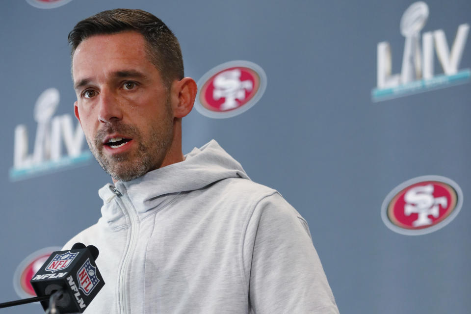 San Francisco 49ers head coach Kyle Shanahan speaks during a news conference for the NFL Super Bowl 54 football game, on Tuesday, Jan. 28, 2020, in Miami. (AP Photo/Wilfredo Lee)