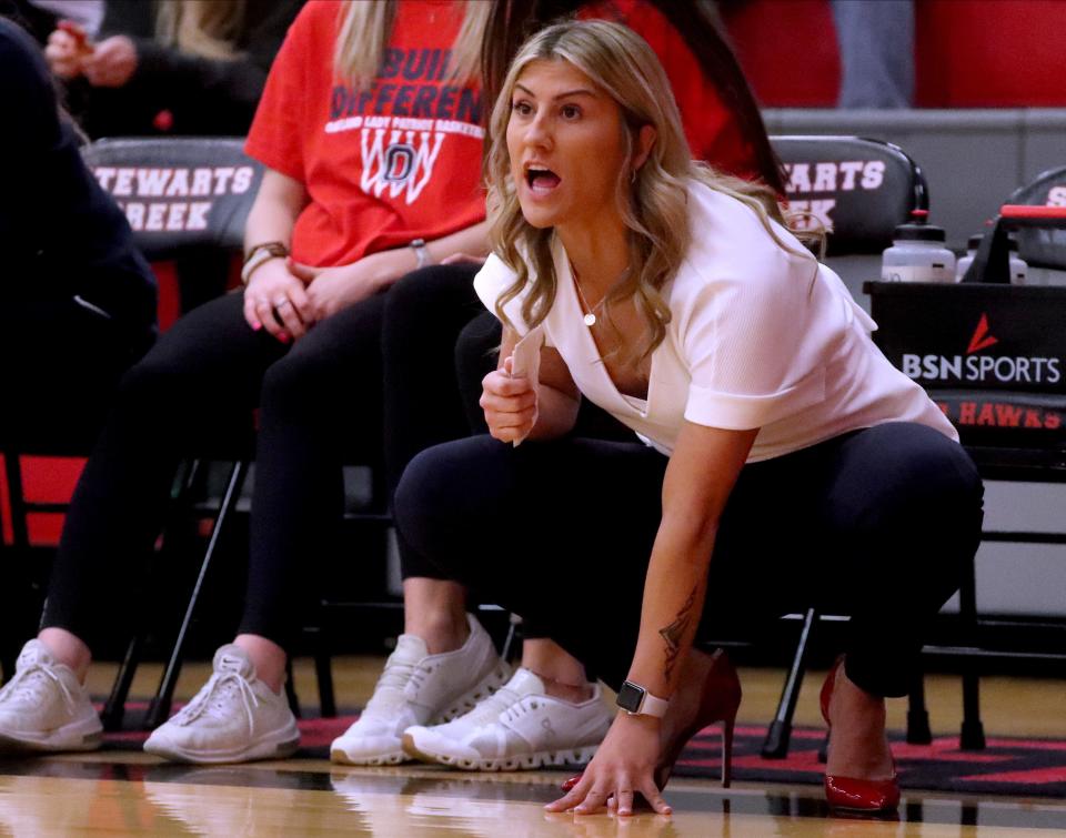 Oakland's girls head coach Shelby Campbell on the sidelines during Region 4-4A girls championship against Blackman on Wednesday, March 2, 2022, at Stewarts Creek. 