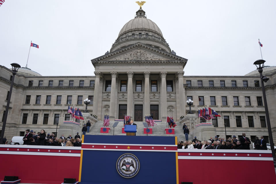 Mississippi Republican Gov. Tate Reeves delivers his address during his inauguration for a second term, at the Mississippi State Capitol in Jackson, Miss., Tuesday, Jan. 9, 2024. (AP Photo/Rogelio V. Solis)