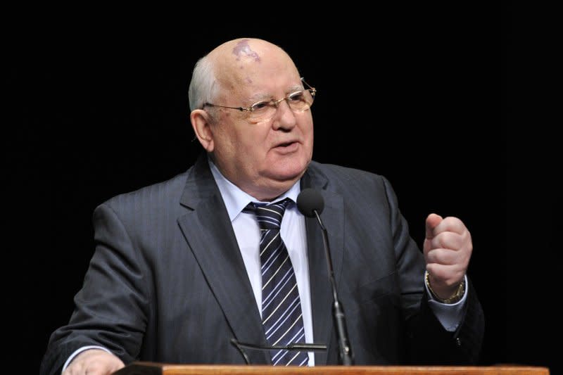 Former Soviet President Mikhail Gorbachev speaks during the opening ceremony for the 12th World Summit of Nobel Peace Laureates on April 23, 2012 in Chicago. On December 25, 1991, Gorbachev resigned as Soviet president the day before Russia's Supreme Soviet (the name for the USSR's legislative bodies) voted to end the Soviet Union. File Photo by Brian Kersey/UPI