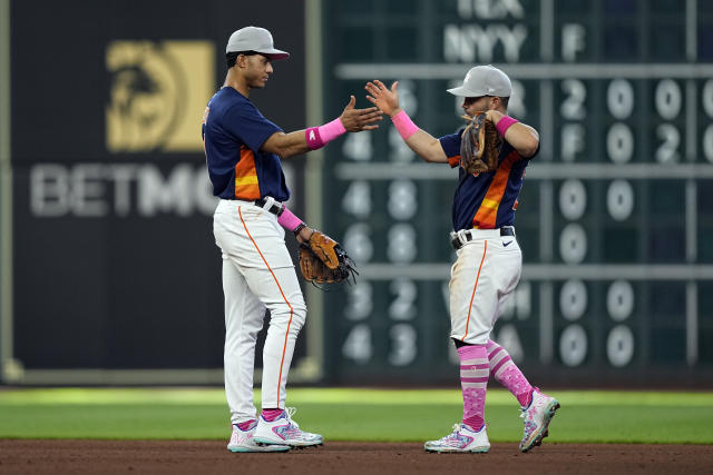 Jeremy Pena of the Houston Astros, Jose Altuve and Alex Bregman