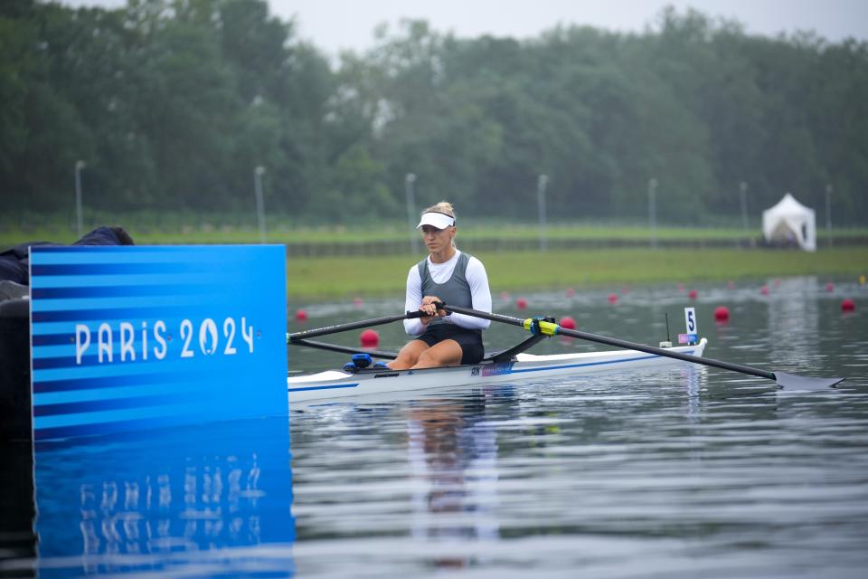 Individual Neutral athlete Tatsiana Klimovich, prepares to compete during the women's rowing single sculls heat at the 2024 Summer Olympics, Saturday, July 27, 2024, in Vaires-sur-Marne, France. (AP Photo/Ebrahim Noroozi)