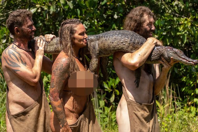 <p>Discovery Channel</p> Adam, Sam and Heather on Naked and Afraid XL.