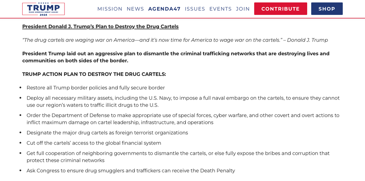 Trump’s ‘Agenda47’ that includes his ‘action plan to destroy drug cartels’ (Trump campaign)