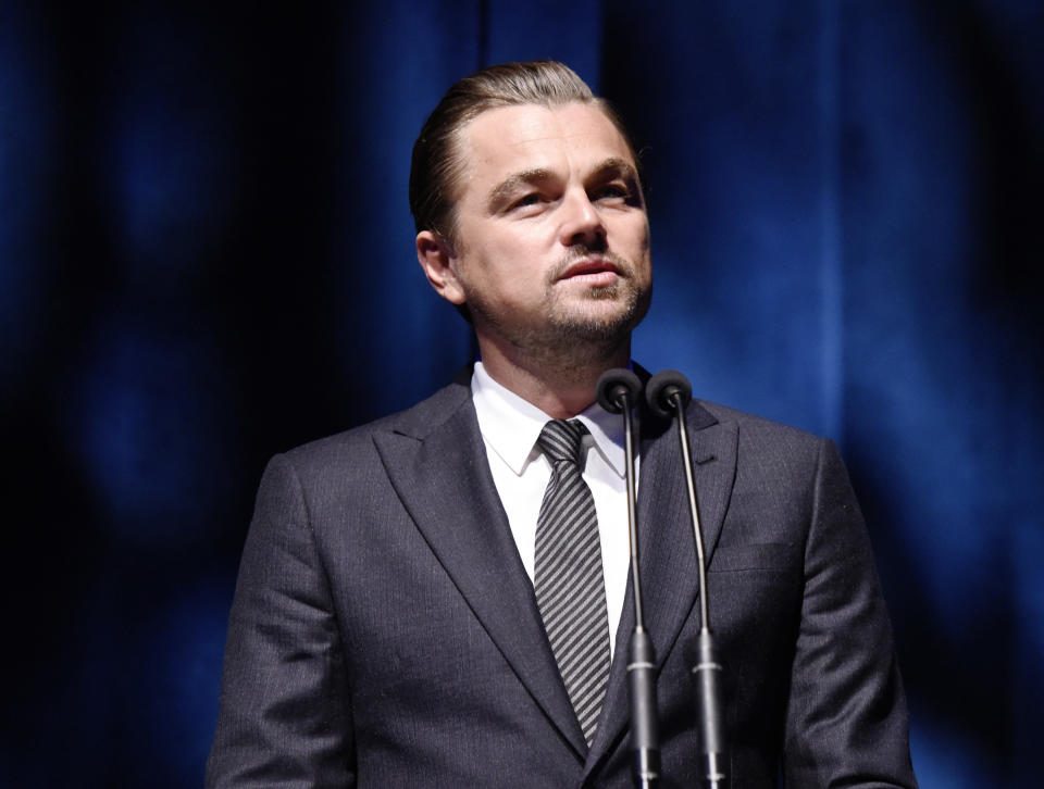 Leonardo DiCaprio speaks onstage during SAG-AFTRA Foundation's 4th Annual Patron of the Artists Awards at Wallis Annenberg Center for the Performing Arts on November 07, 2019 in Beverly Hills, California