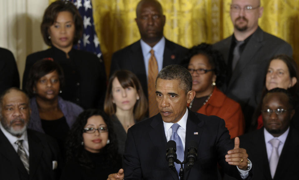 President Barack Obama speaks about unemployment benefits, Tuesday, Jan. 7, 2014, during an event in the East Room of the White House in Washington. The president applauded a Senate vote advancing legislation to renew jobless benefits for the long-term unemployed as an important step. The Senate voted 60-37 Tuesday to clear the bill's first hurdle. But Republicans who voted to move ahead still want concessions that will have to be worked out before final passage. The Republican-controlled House would also have to vote for it. (AP Photo/Susan Walsh)