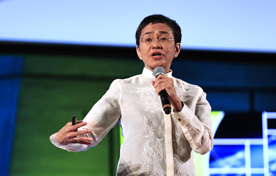 2021 Nobel Peace Prize Maria Ressa delivers her speech during a conference on guidelines for regulating digital platforms, Wednesday, Feb. 22, 2023 in Paris. UNESCO is leading consultations on ways to regulate digital platforms and making the internet a safer space. The two-day conference aims to formulate guidelines and principles that would help regulators, governments, lawmakers and business manage content that undermines democracy and human rights while supporting freedom of expression and promoting the availability of accurate and reliable information. (AP Photo/Aurelien Morissard)