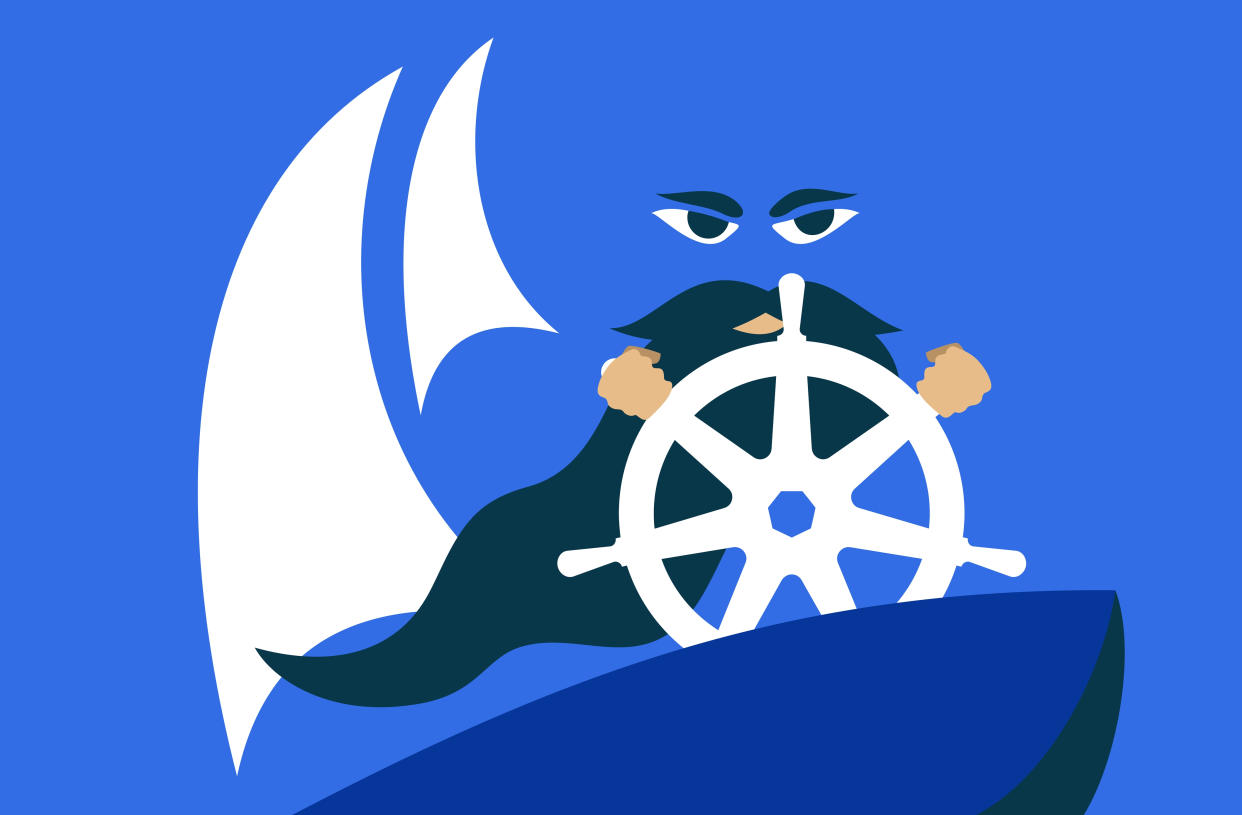  Vector graphic of bearded developer using Kubernetes logo as a wheel on a boat 