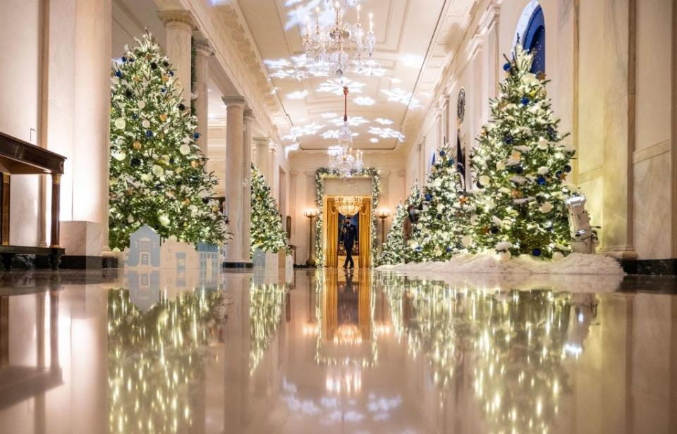 Christmas decorations in the Cross Hall of the White House in 2021.
