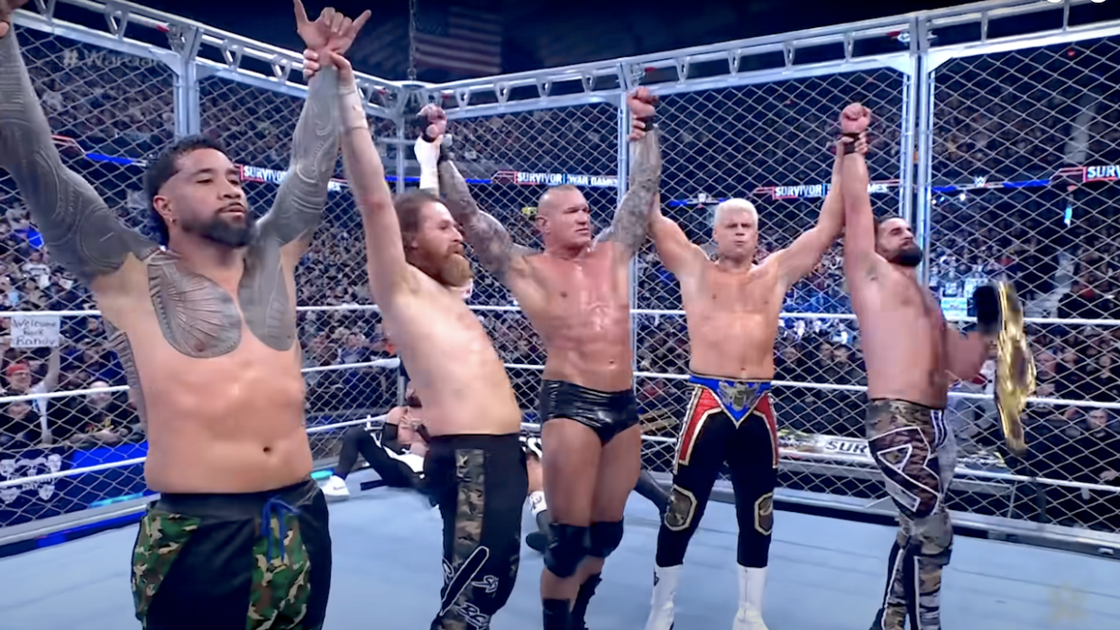  Jey uso, sami zayn, randy orton, cody rhodes and seth rollins after winning their match at survivor series 2023. 