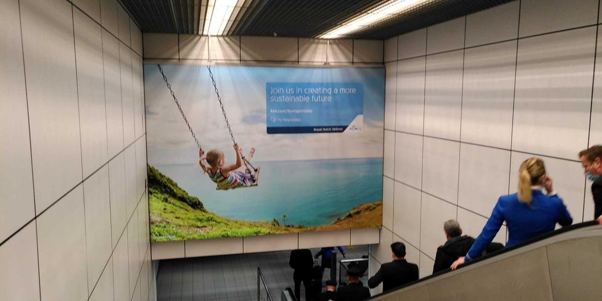 <span>Ad at Schiphol airport. The court ruled that its message did not explain how flying with KLM related to any environmental benefit.</span><span>Photograph: c/o Client Earth</span>