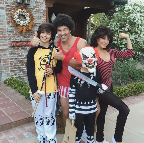 The family the frightens together, well, you know… Eddie Cibrian and his wife, LeAnn Rimes, made a fit Jane Fonda and Richard Simmons, while his sons Mason and Jake, were a scary clown and Trafalgar Law. (Instagram)