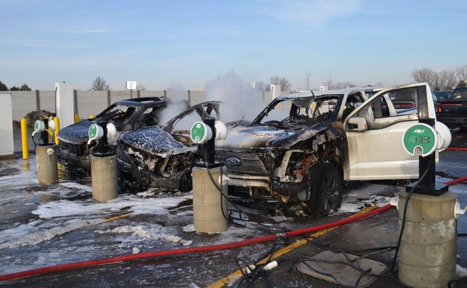 Images of the February battery fire damage to all-electric Ford F-150 pickup trucks in a Dearborn holding lot. Dearborn police and fire personnel responded to the incident, which involved three electric vehicles and no injuries and resulted in a five-week production shutdown.