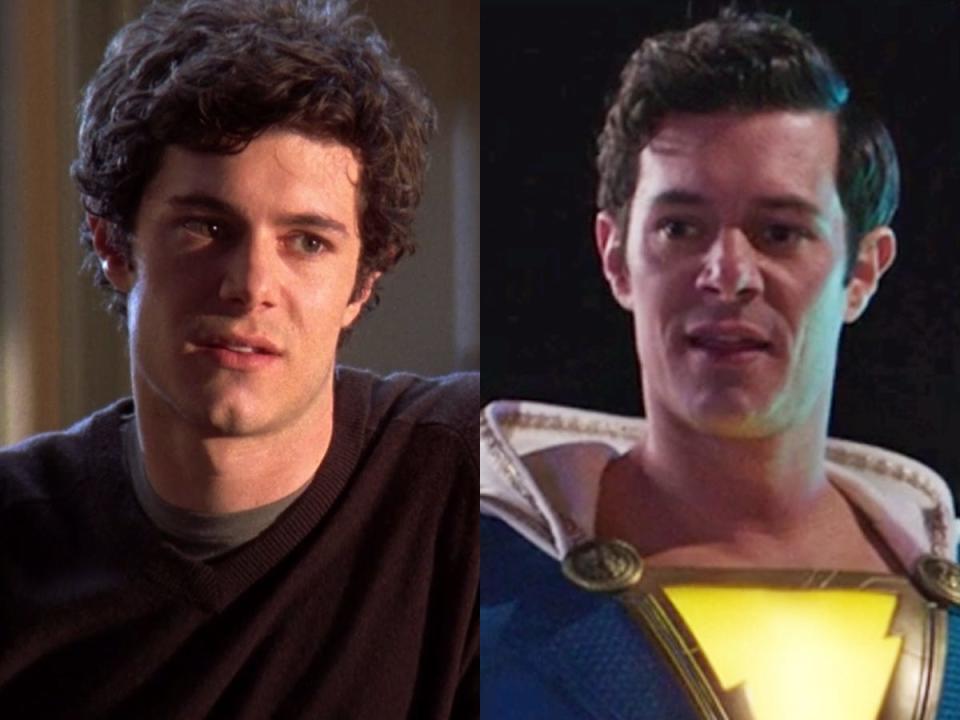 On the left: Adam Brody as Seth Cohen on season four of "The O.C." On the right: Brody as the adult version of Freddy Freeman in "Shazam!"