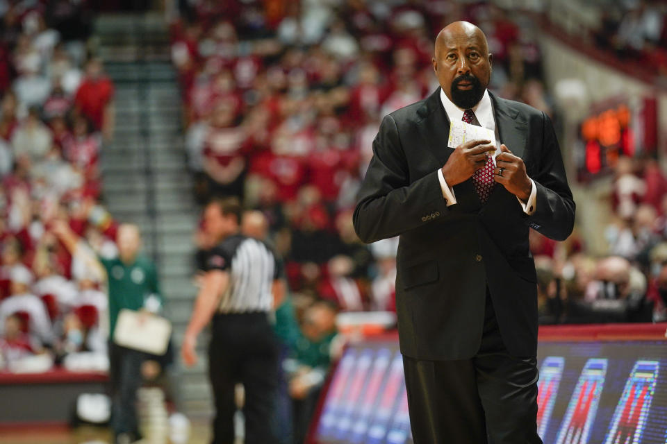 Indiana head coach Mike Woodson walks the sideline while his team plays Eastern Michigan in the first half of an NCAA college basketball game in Bloomington, Ind., Tuesday, Nov. 9, 2021. (AP Photo/AJ Mast)