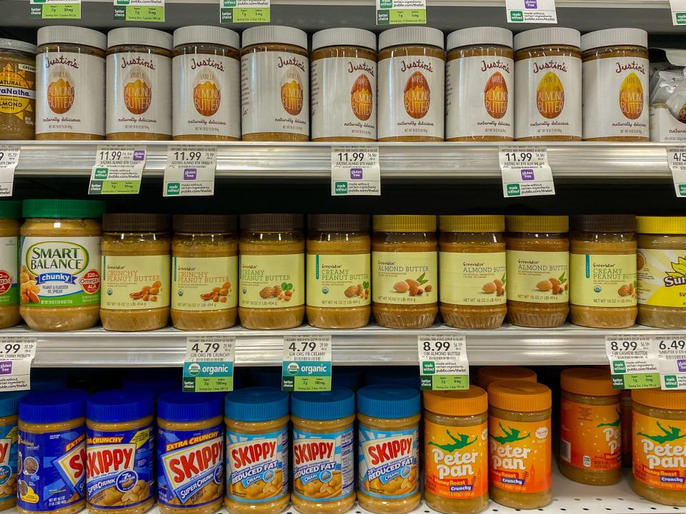 A variety of nut butter is seen on shelves inside a Publix in Florida