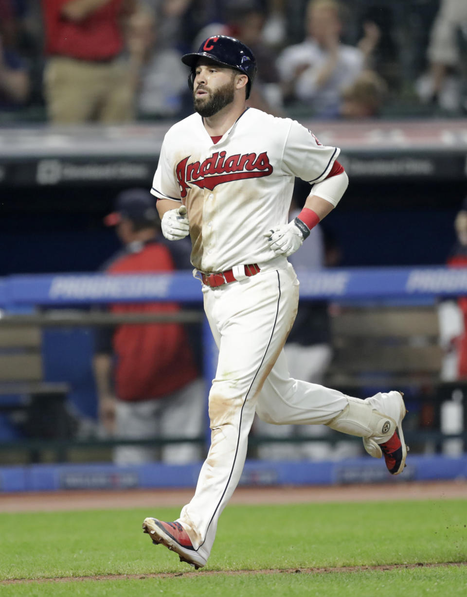 Cleveland Indians' Jason Kipnis runs the bases after hitting a solo home run off Minnesota Twins' Matt Belisle in the sixth inning of a baseball game, Monday, Aug. 6, 2018, in Cleveland. (AP Photo/Tony Dejak)