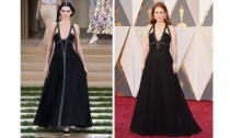 <p>Moore’s lacy black gown was a modified version of one that Kendall Jenner wore on the Chanel runway, removing the encrusted stripe going down the center and pairing it with a wrist cuff and statement earrings. In this case, we prefer Moore’s version! <i>(Photos: Getty Images)</i></p>