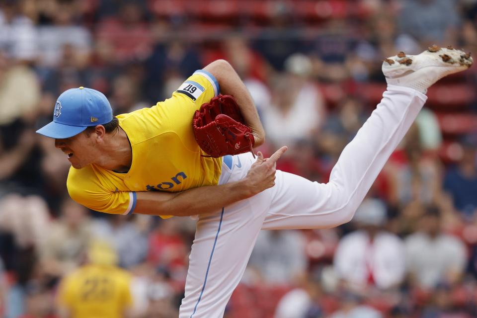 Boston Red Sox's Nick Pivetta pitches during the first inning of a baseball game against the Baltimore Orioles, Saturday, Sept. 18, 2021, in Boston. (AP Photo/Michael Dwyer)